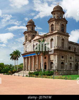 Main square in Managua Nicaragua. Cathedral Santiago in central plaza Stock Photo