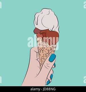 Hand holds a waffle cone with a balls of an ice cream Stock Vector