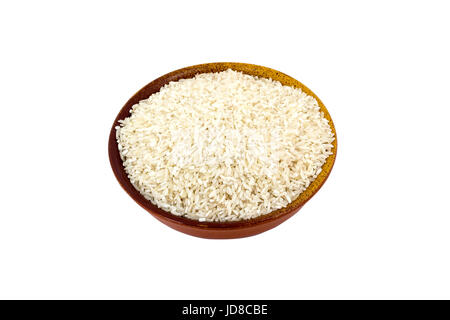 White rice on brown, ceramic, deep, plate isolated on white background Stock Photo