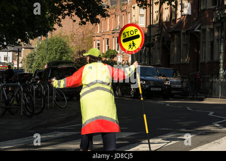 A lollipop lady stopping the traffic on a zebra crossing outside St Osmond's School, Church Road, Barnes, London, SW13, England, U.K. Stock Photo