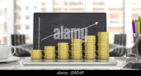 Business growth concept. Coins stacked on a laptop. 3d illustration Stock Photo