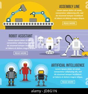 Robot assistant banner horizontal set, flat style Stock Vector