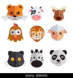 funny mega icon set illustration of heads of tiger, cow, deer, hen, lion, sheep, zebra, panda, black cat isolated on white background Stock Photo