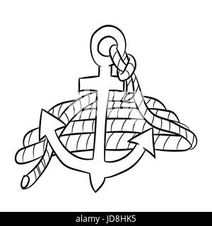 Hand drawn sketch of sea anchor isolated with rope,  Black and White Cartoon Vector Illustration for Coloring Book - Line Drawn Vector Stock Vector