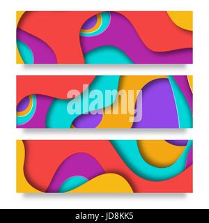 Vertical banners with 3D abstract background with paper cut shapes. Vector design layout for business presentations, flyers, posters and invitations. Colorful carving art - blue, yellow and violet Stock Vector