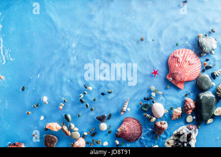 Marine copy space frame with seashells, pebbles, sand and a ripple of seawave. Underwater still life. Stock Photo