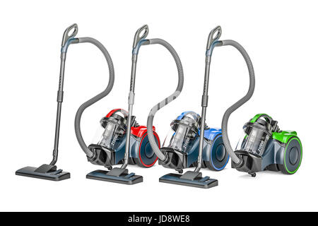 Set of colored vacuum cleaners, 3D rendering Stock Photo
