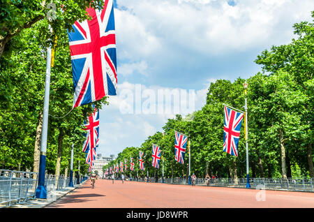 The Mall , lined by ceremonial Union Jack flags, looking towards the Admiralty Arch Stock Photo