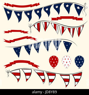 Set of patriotic Independence Day bunting, balloons and ribbons. American July 4th elements for banners Stock Photo