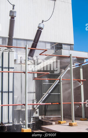 110 MVA Power transformer Fire Protection System Test, During Maintenance Jobs, Geothermal Power Plant, Comision Federal De Electricidad. Mexico. Stock Photo