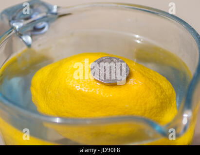 A small coin ballanced upon a floating Lemon. Stock Photo