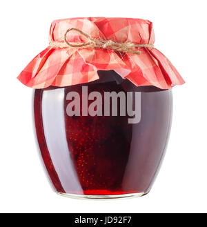 strawberry jam isolated on white background. Preserved fruits. Homemade strawberry jam in glass jar covered with paper Stock Photo