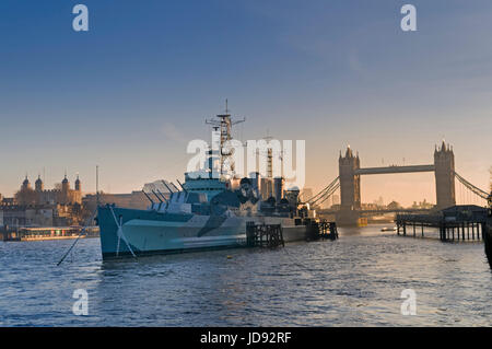 HMS Belfast, Tower Bridge and Tower of London UK Stock Photo