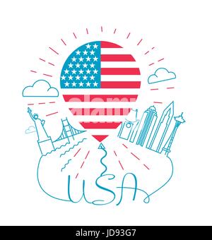 Concept of traveling to USA in the form of a balloon with a USA flag on a city landscape background. Icon in the linear style Stock Vector