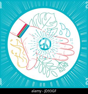 icon on the holiday - Nelson Mandela Day, in the form of a hand with a bracelet of the flag of Africa and a sign of peace on the hand. Icon in the lin Stock Vector