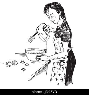 Young housewife dressed in apron whip the dough with electric mixer, hand drawn doodle, sketch in pop art style, black and white vector illustration Stock Vector