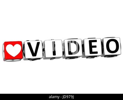 3D Love Video Button Click Here Block Text over white background Stock Photo