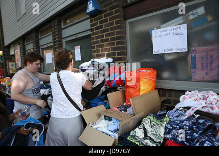 Locals donate food and clothes outside the Latimer community Church to help the residents of the Grenfell Fire tragedy Stock Photo