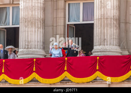 The Queen and Prince Phillip waving  together on the Buckingham Palace Balcony following  the Trooping The Colour Parade, London, UK, 2017 Stock Photo