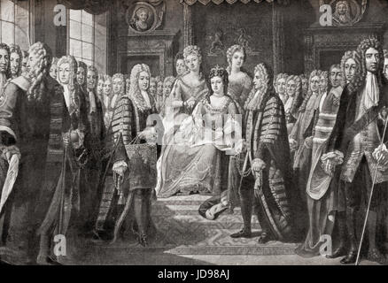 The articles of the Acts of Union between England and Scotland, which came into effect on 1 May 1707 and created the single, united kingdom of Great Britain, presented by the Commissioners to Queen Anne, 1706. Anne, 1665 – 1714.  Queen of England, Scotland and Ireland.   From Hutchinson's History of the Nations, published 1915. Stock Photo