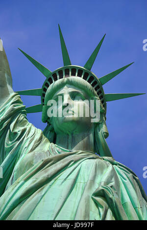 Statue of Liberty New York close up night. Face and illuminated crown ...