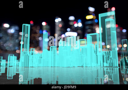 Power grid , smart city energy , electric Energy Distribution chain industry technology concept.  3D rendering of building and blur city bokeh backgro Stock Photo