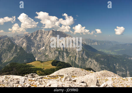 Berchtesgaden national park, view from peak of mt. Kahlersberg to famous mt. Watzmann with east face, highest rock face to climb in the eastern alps Stock Photo