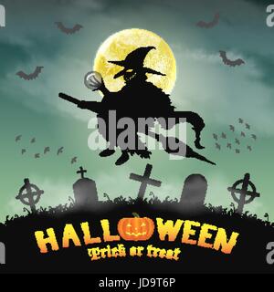 halloween silhouette flying witch in night graveyard Stock Vector