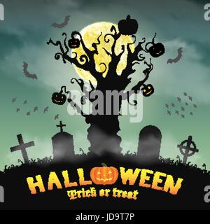 halloween silhouette dead tree in night graveyard Stock Vector