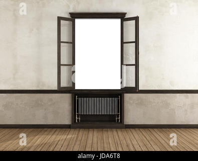 Empty retro room with open window and old radiator - 3d rendering Stock Photo