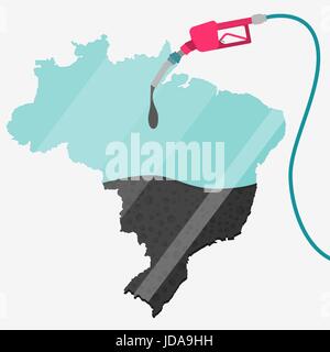 Map of Brazil being fueled by oil. Gas pump fueled map. On the map there is glass reflection. Conceptual. Oil producing or importing countries. Stock Vector