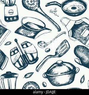 Kitchen Ware - hand drawn seamless pattern Stock Vector