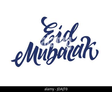 Hand Drawn Lettering Eid Mubarak Greeting Card Template Design On Blue 