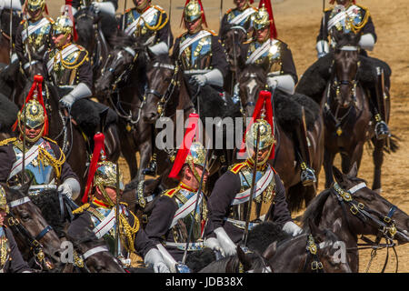 Soldiers of The Blues And Royals on horseback at Horse Guards Parade for Trooping The Colour in London, UK,  2017 Stock Photo