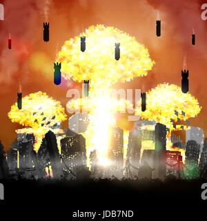 silhouette nuclear bomb over city ruined building Stock Vector