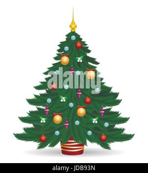 Christmas tree vector illustration. Decorated colorful traditional xmas trees symbol with bright lights and balls isolated on white background Stock Vector