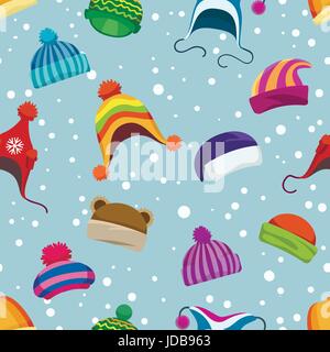 Retro winter clothes seamless pattern. Warm woolly and knitted hats vector background Stock Vector