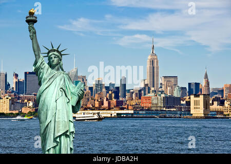 New York skyline and the Statue of Liberty, New York City collage, travel and tourism postcard concept, USA Stock Photo