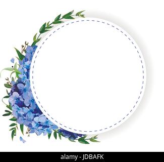 Flower circle, round, wreath coronet of blue hydrangea, hortensia flowers, green eucalyptus leaves beautiful lovely summer bouquet vector illustration Stock Vector