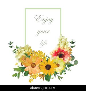 Vector design vertical card. Yellow sunflower hydrangea flowers red dahlia eucalyptus branches leaves. Elegant summer autumn fall blank paper with let Stock Vector