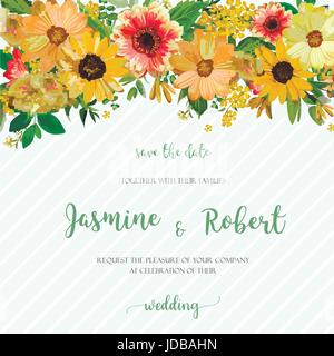 Flower Wreath composition floral frame of various yellow, Dahlia Sunflower, cosmos, Eucalyptus Leaves. Beautiful vector illustration square Watercolor Stock Vector