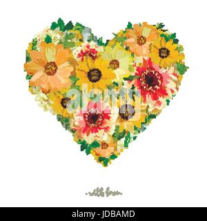Vector floral heart shape spring background with gentle sunflower daisy cosmos dahlia flowers petals eucalyptus leaves greenery. Sweet illustration Stock Vector