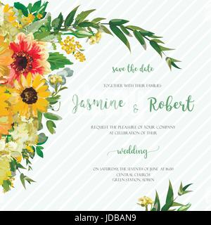 Vector design card bouquet element collection. Yellow hydrangea flowers dahlia sunflower daisy eucalyptus leaves. Elegant summer autumn floral sweet w Stock Vector