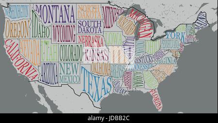 Silhouette of the map of USA with hand-written names of states - Texas, California, Iowa, Hawaii, New York, etc. Handwritten lettering on the backgrou Stock Vector
