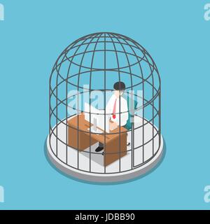 Flat 3d isometric businessman working in the birdcage. Stock Vector