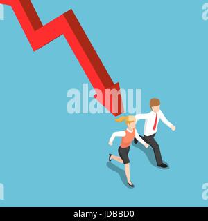 Flat 3d isometric businessman and businesswoman runaway from falling graph. Financial crisis concept. Stock Vector