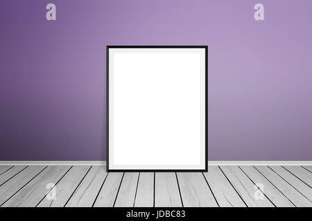 Empty poster frame for mockup on exhibition. Purple wall and white wooden floor. Stock Photo
