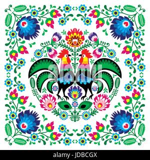 Polish floral folk art square pattern with rooster - wzory lowickie, wycinanki Stock Vector
