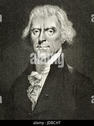 Thomas Jefferson (1743-1826). American politician. An American Founding Father who was the principal author of the Declaration of Independence. Later, served as the third President of the United States from 1801 to 1809. Portrait. Engraving. Stock Photo