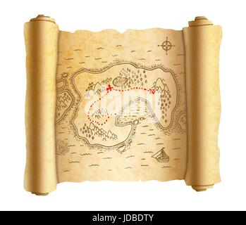 Realistic ancient pirate map of island on old scroll with red path to treasure Stock Vector